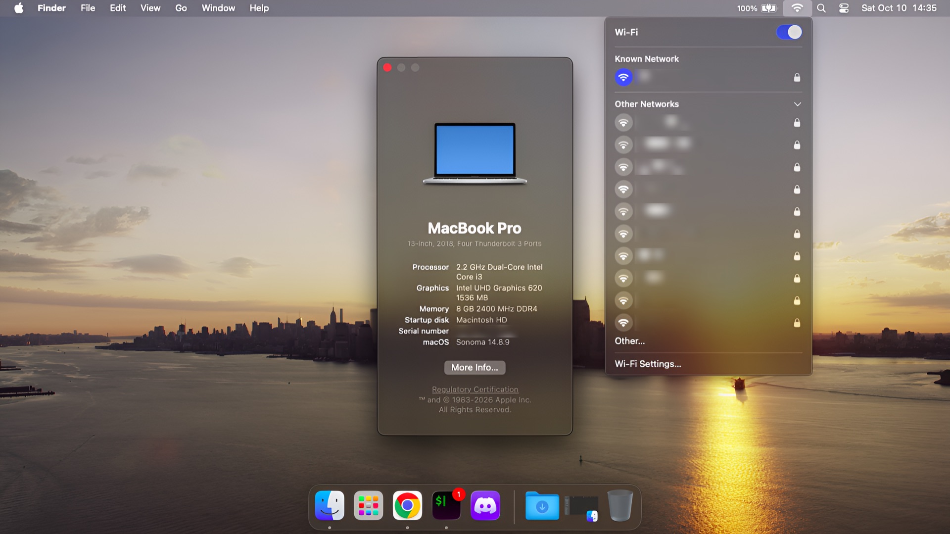 The Realtek card in the macOS Wi-Fi menu, connected to a known network, next to About This Mac on a 2018 MacBook Pro running Sonoma